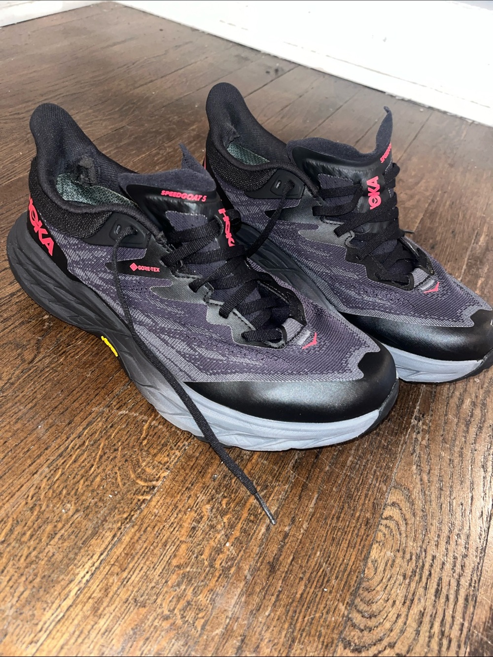 Hoka Women’s Gray Black Athletic Running Shoes with Pink Accents